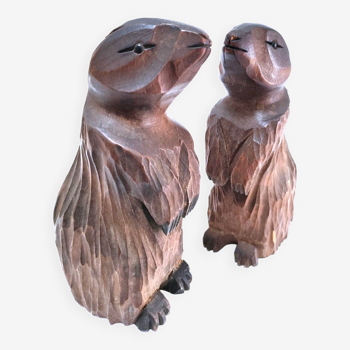 Deux marmottes bois sculpté art populaire français