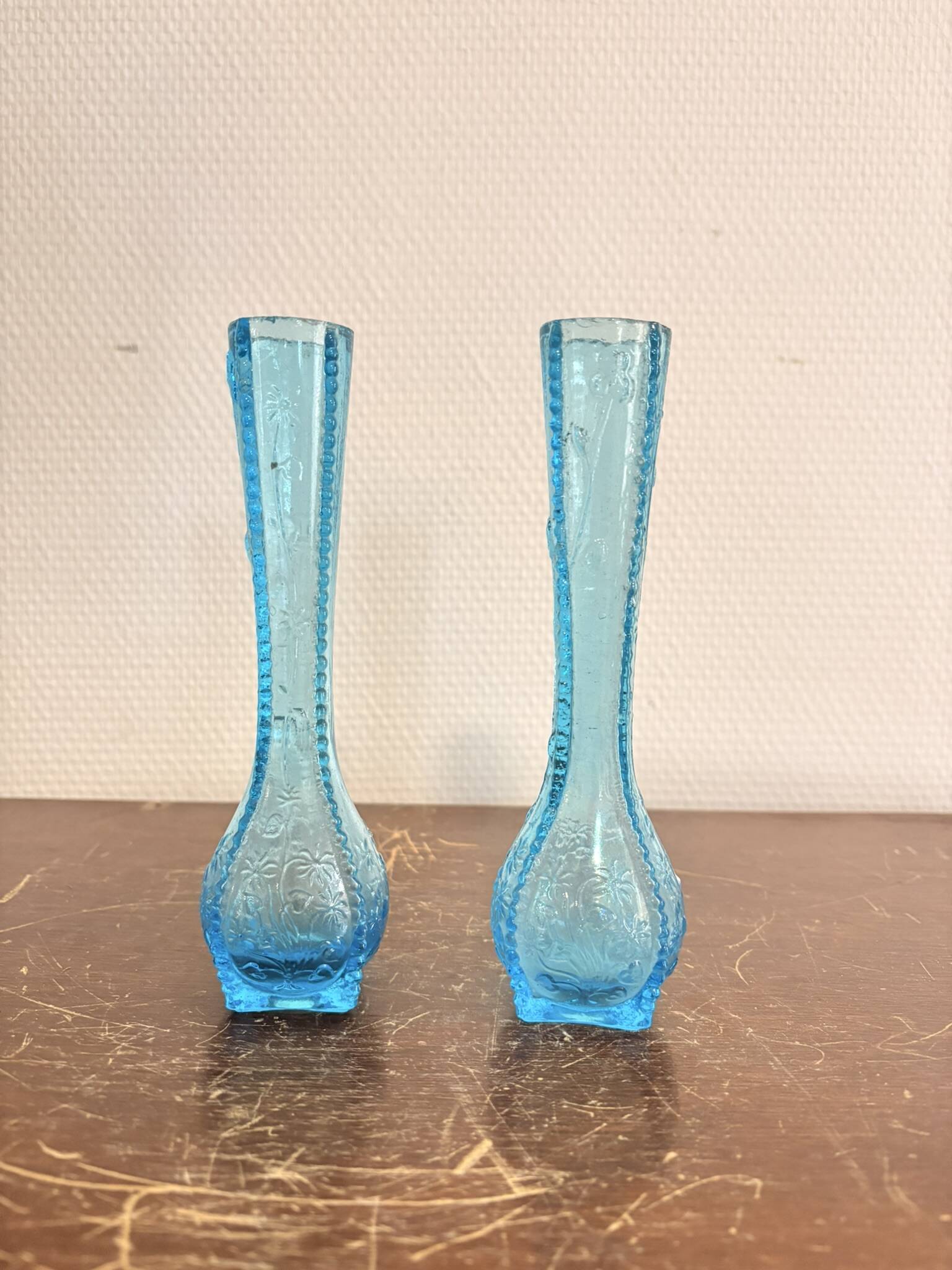 Antique Pair of Soliflore Vases Moulded Pressed Glass Blue Opaline Sapphire 19th Century