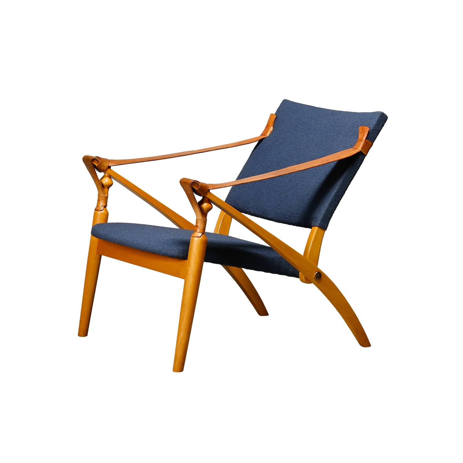 Scandinavian Modern Foldable Safari Lounge Chair in Beech wood and Blue fab