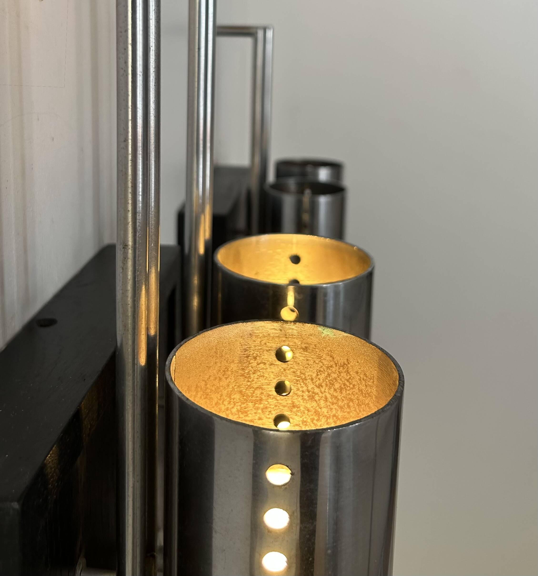Pair of vintage wall lights, chrome-plated metal and blackened oak, France, 1970