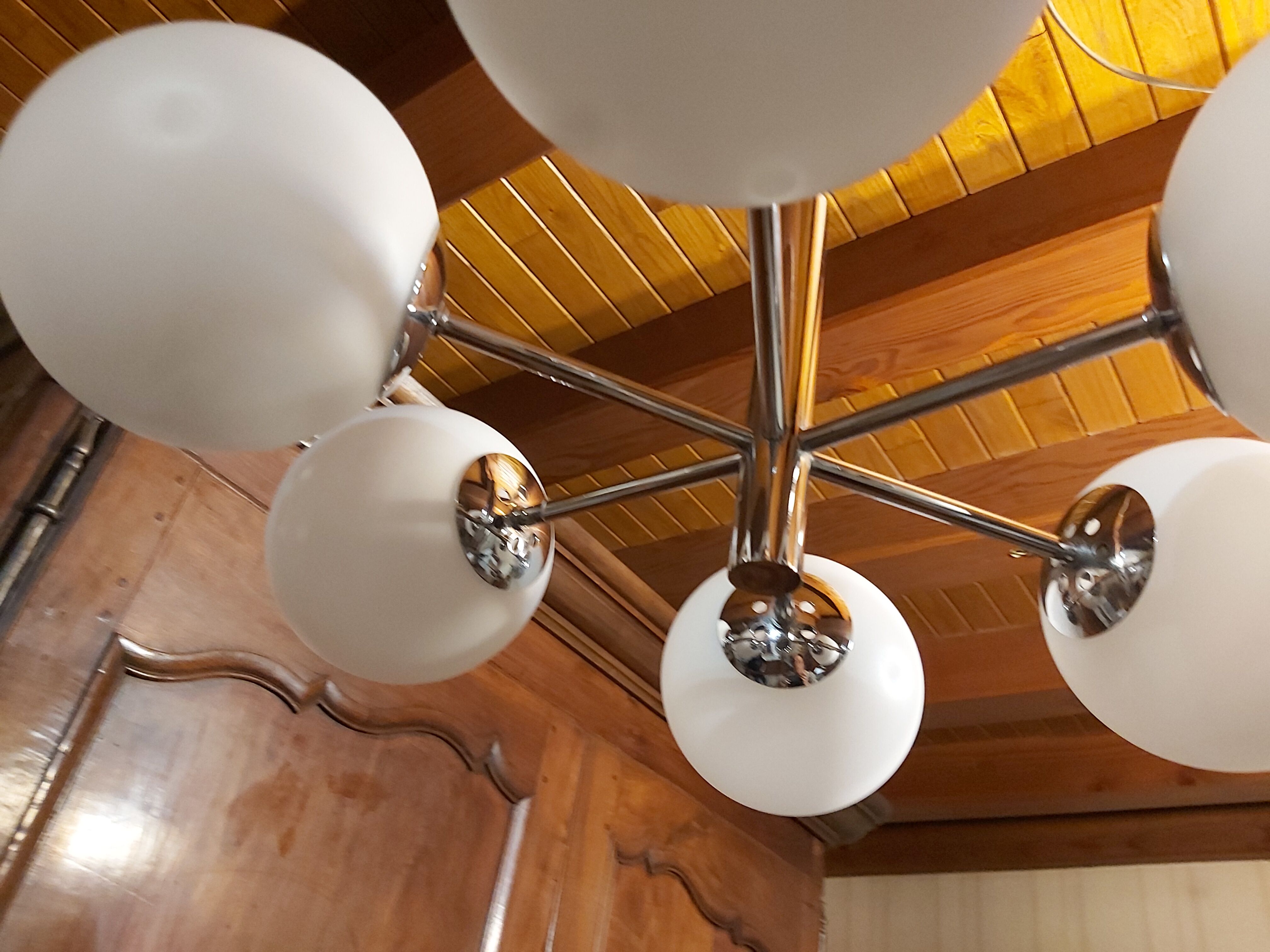 Chrome Sputnik chandelier and white frosted glass globes