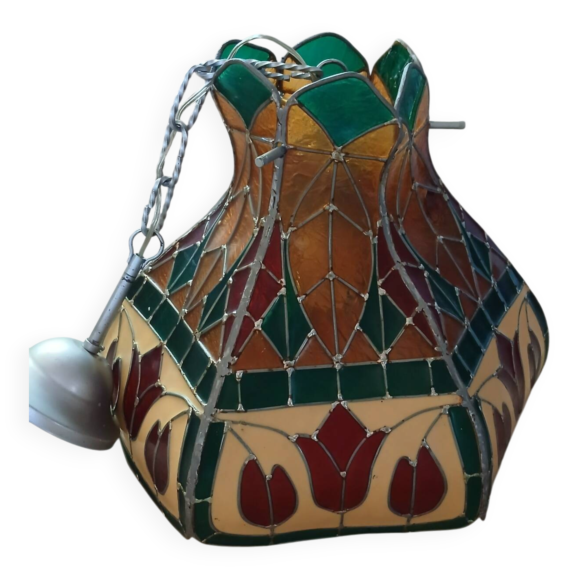 Vintage pendant light with multicoloured stained glass.