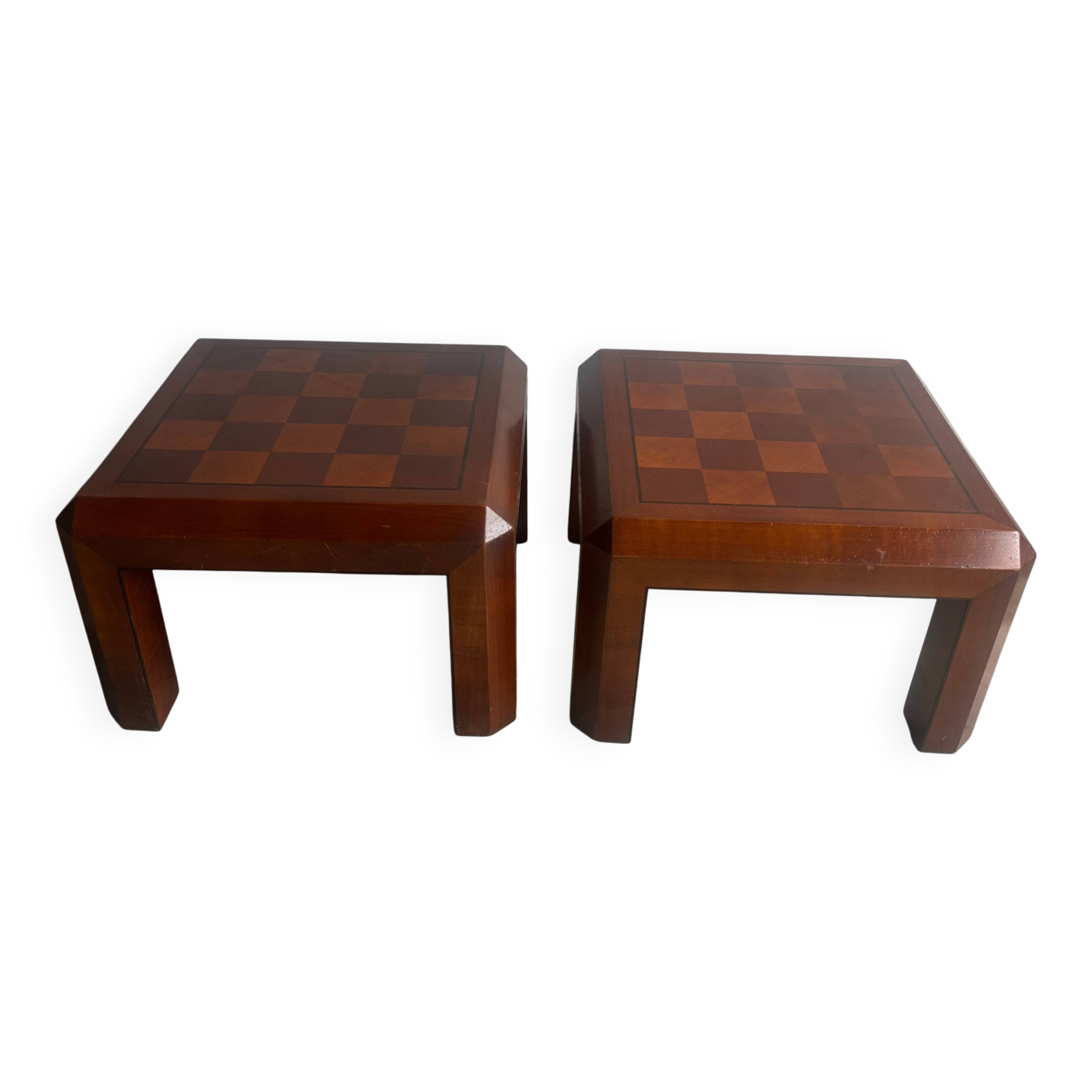 Pair of 1970s Checkered Parquet Side Tables — Warm Walnut Brown Wood, Geometric