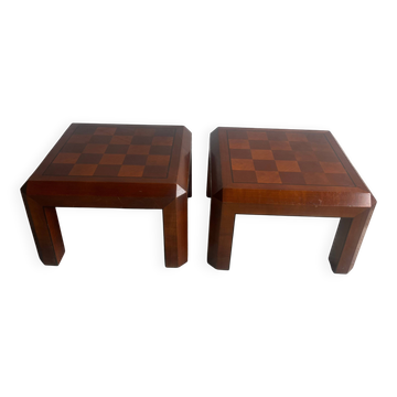 Pair of 1970s Checkered Parquet Side Tables — Warm Walnut Brown Wood, Geometric