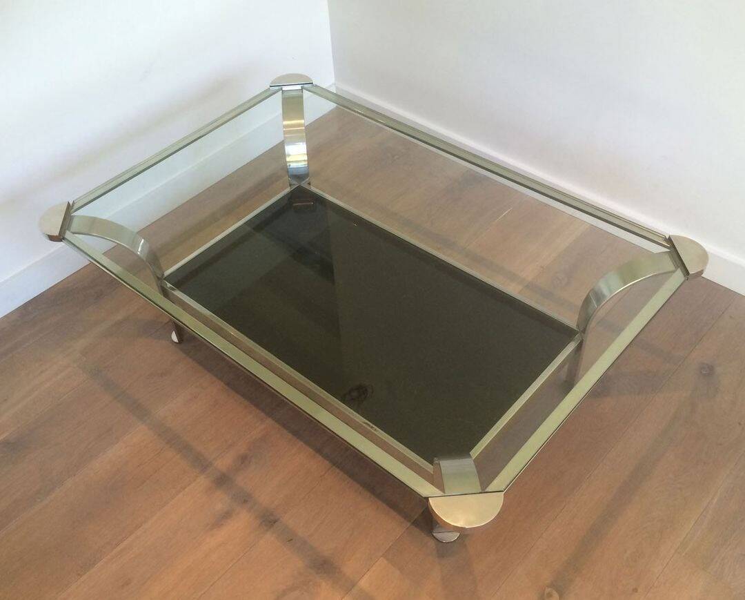 Table basse en chrome à double plateau en verre