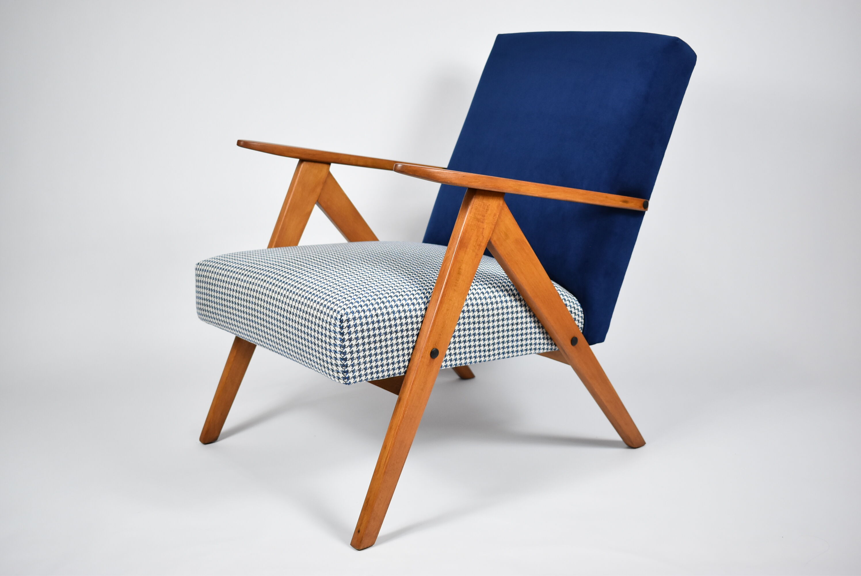 Vintage original 60s armchair, refstored, blue velvet, poule fabric