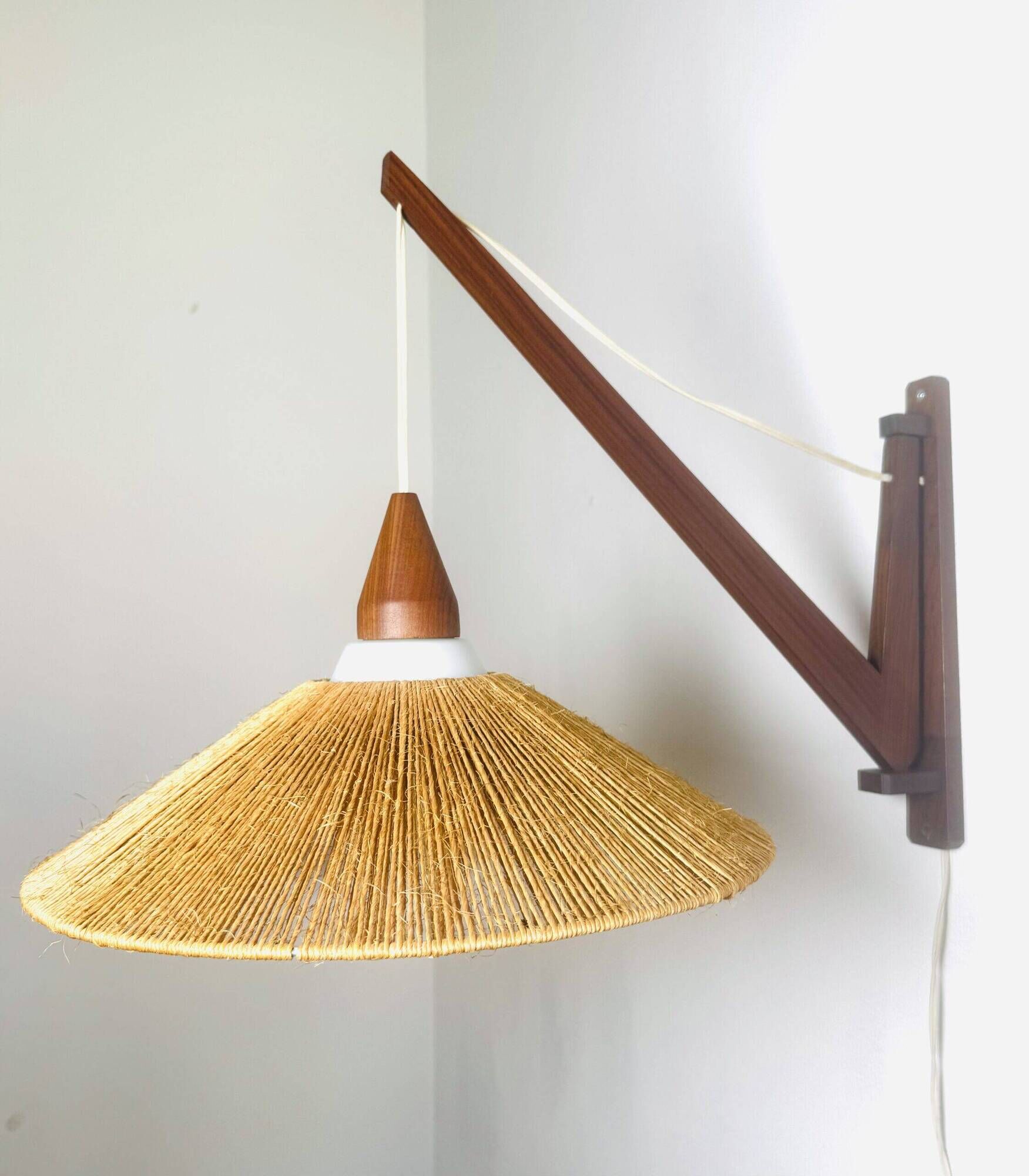 Wood And Sisal Wall Lamp By E.R. Nele For Temde Leuchten, Germany/Switzerland 1960S