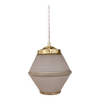 Suspension globe vintage art déco en verre granité banc et doré