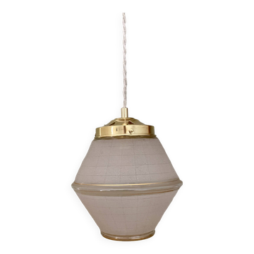 Suspension globe vintage art déco en verre granité banc et doré