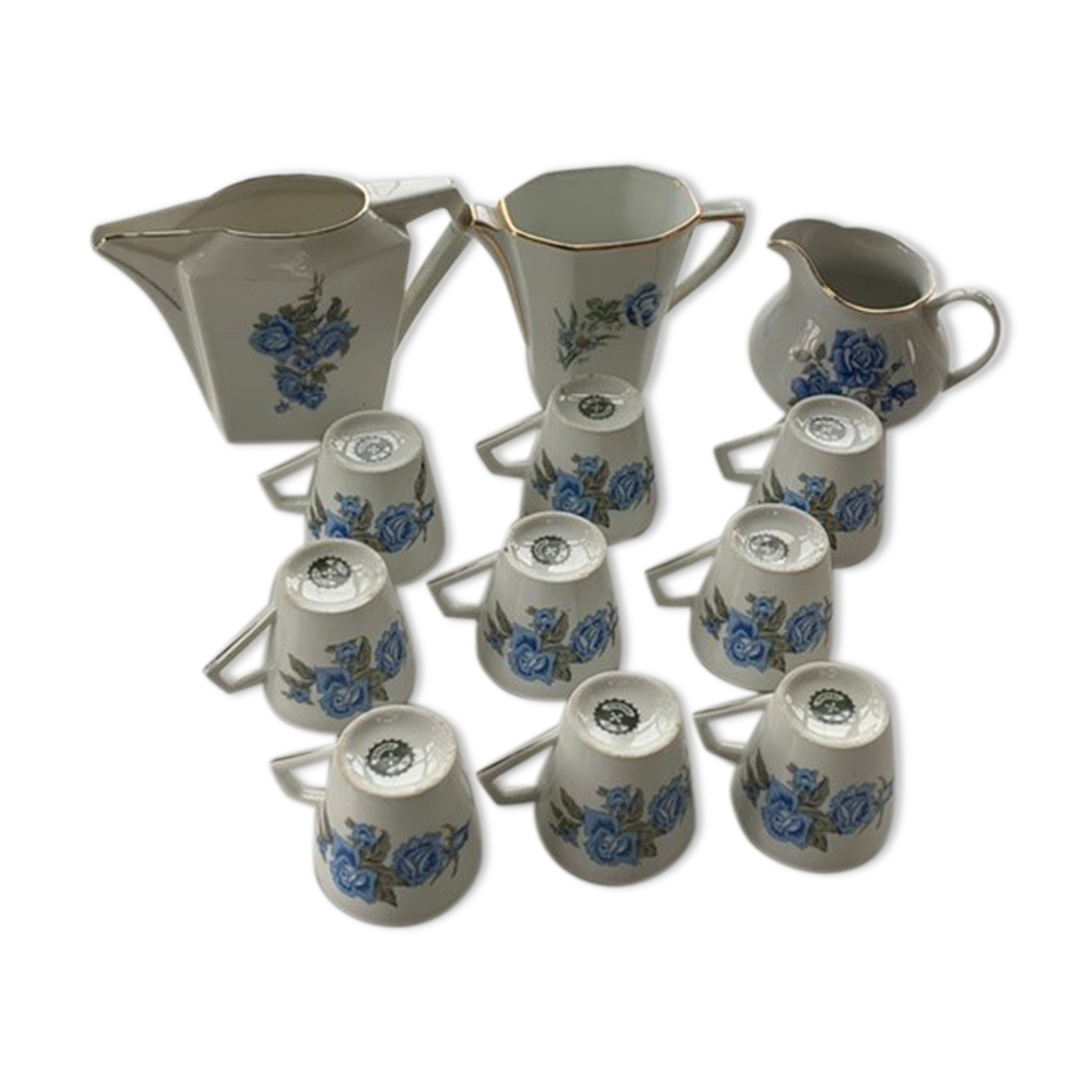 Coffee service in white porcelain pattern pink blue art deco
