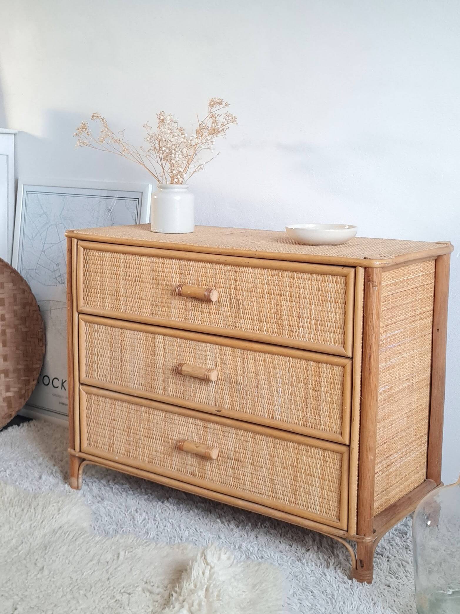 Vintage rattan chest of drawers circa 1970s