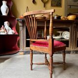 Corner armchair, dark wood and red velvet office chair.