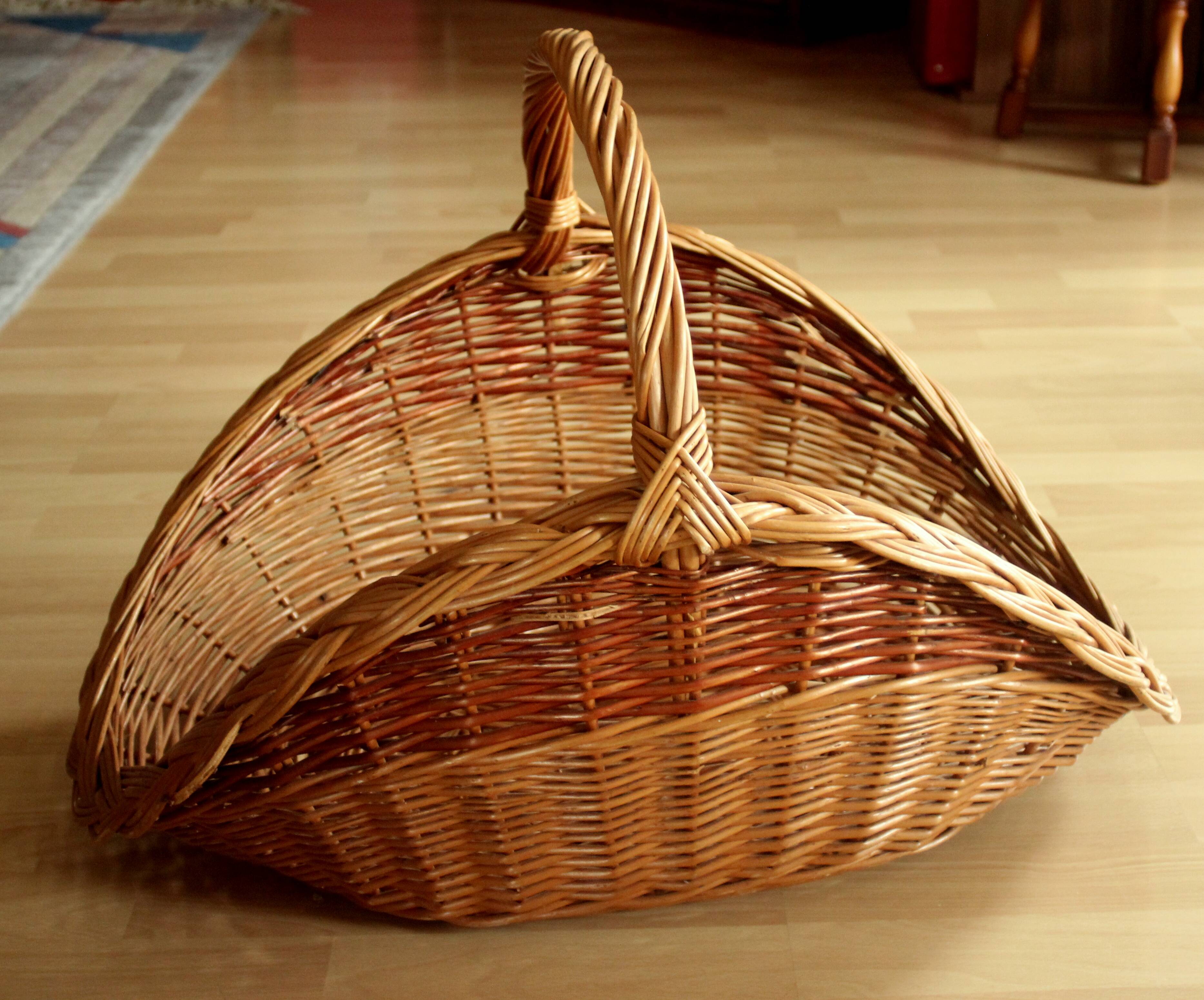 Large handmade solid wicker braided firewood basket, vintage from the 80s