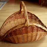 Large handmade solid wicker braided firewood basket, vintage from the 80s