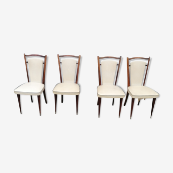 4 Retro vintage design chairs in wood and white skaï