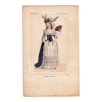 Gravure Couleur XIXe 1840 Mode Femme de 1790 Fascion Eventail Robe Règne de Louis XVI