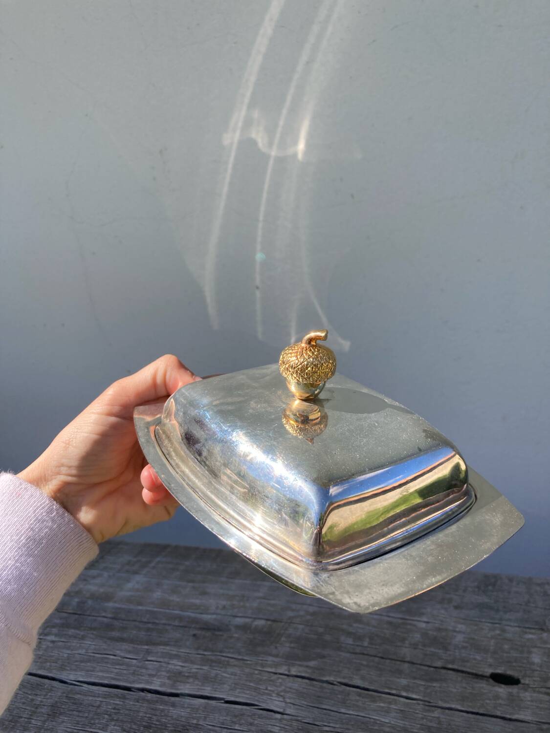 Acorn silver metal butter dish