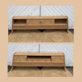 Vintage TV cabinet in raw wood with sliding doors