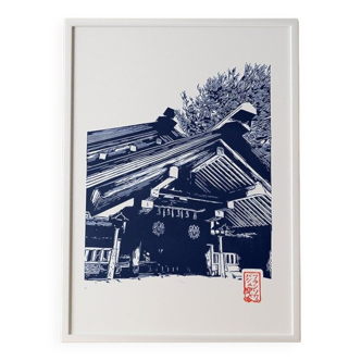 Handmade Japanese linocut of a wooden temple in Nagoya in Prussian Blue