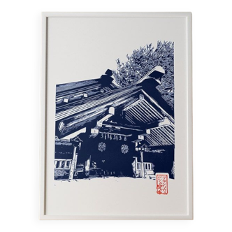 Linogravure japonaise artisanale d’un temple en bois à Nagoya en Bleu de Prusse