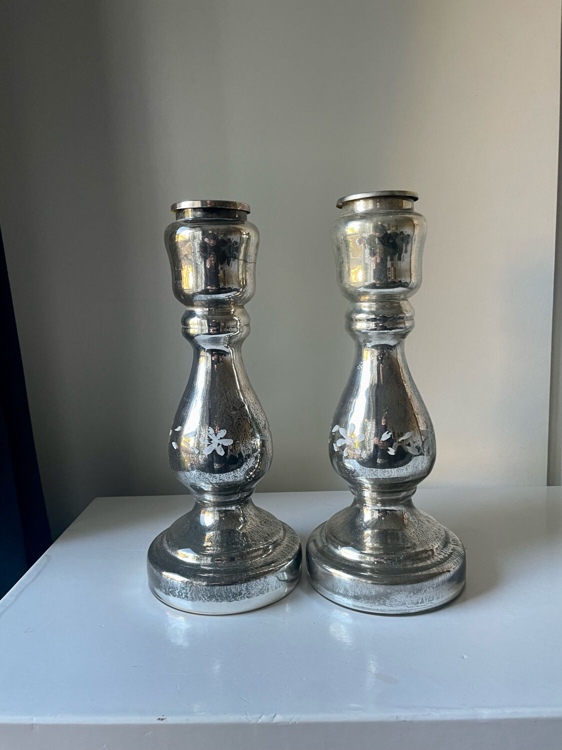 Pair of vintage mercury glass candleholders