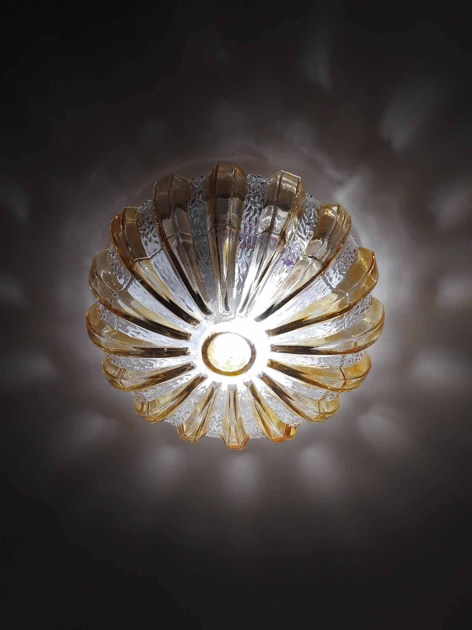 70s round ceiling light in pressed molded glass