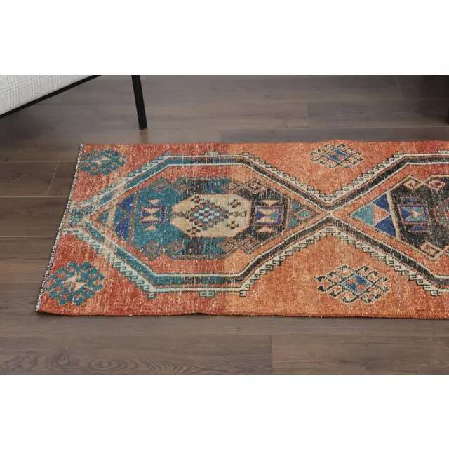 1970s vintage Turkish Oushak handmade wool cotton orange runner rug 80x320