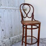 Thonet high bar chair in curved wood and cane