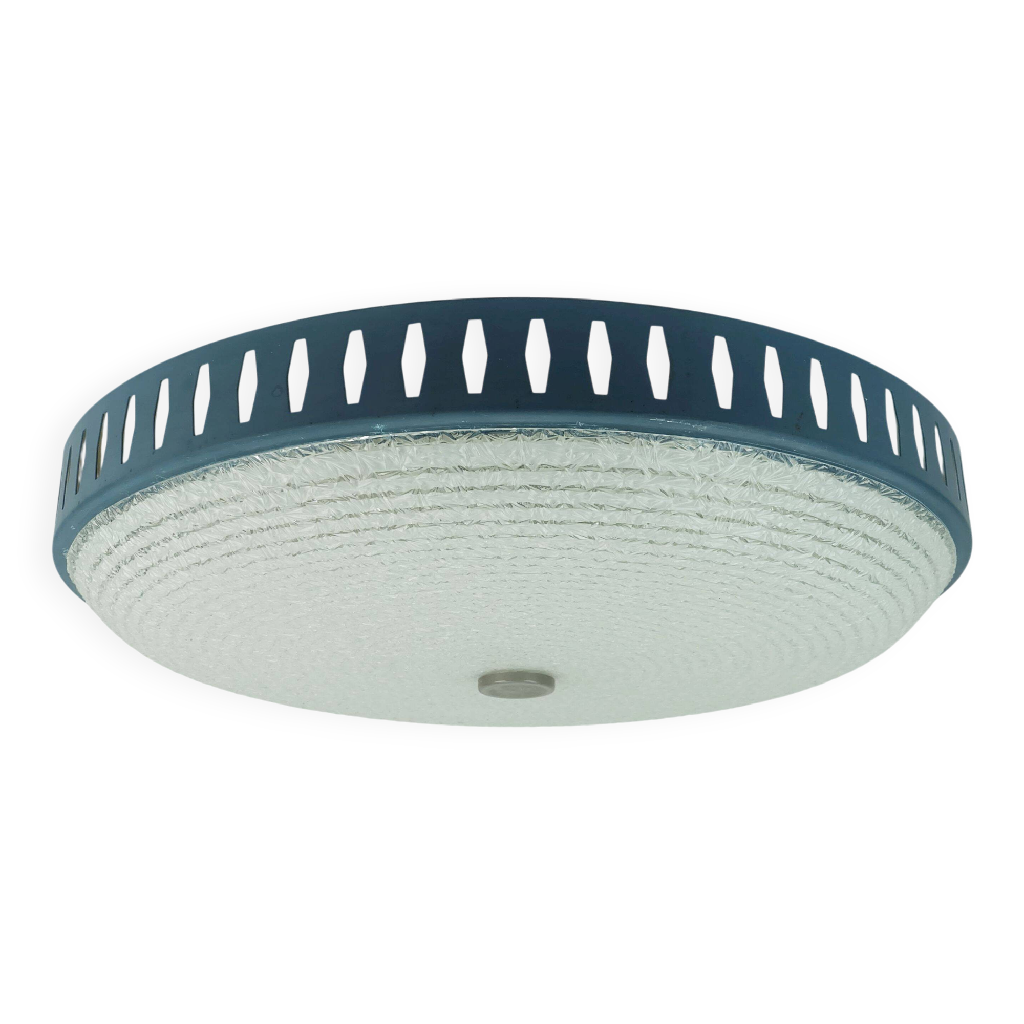 Rare large ceiling light by hillebrand 1960s textured glass blue metal fram