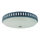 Rare large ceiling light by hillebrand 1960s textured glass blue metal fram