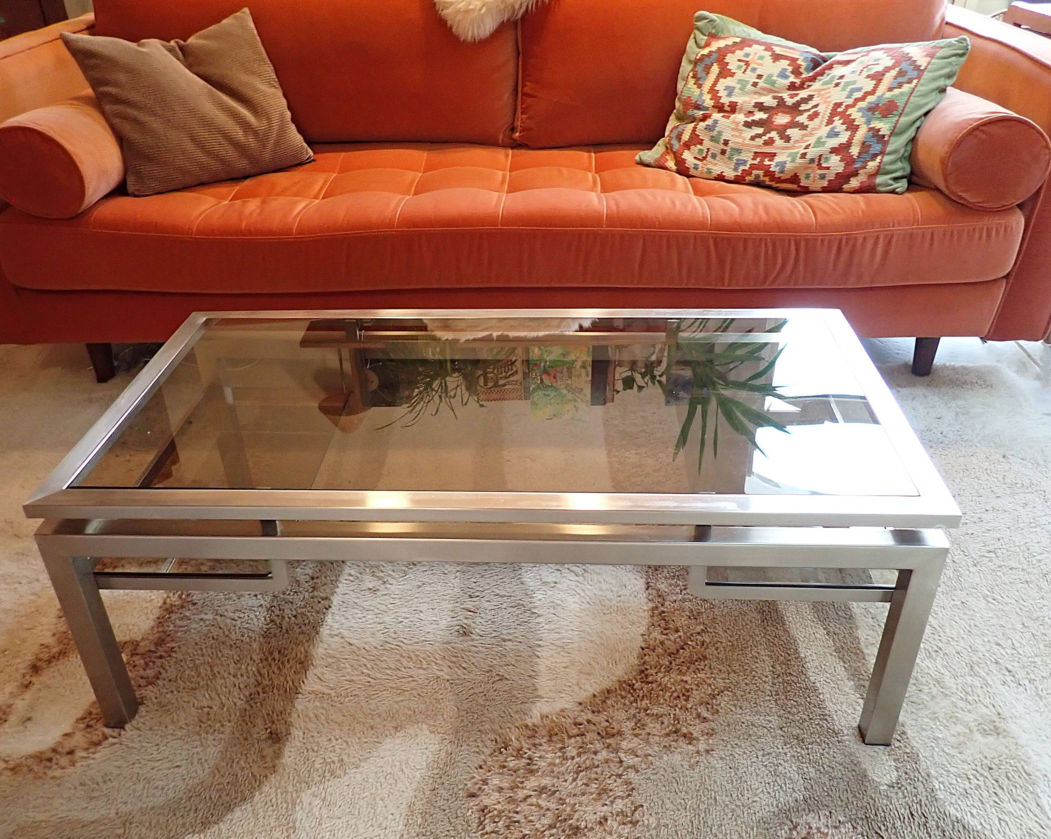 Brushed steel coffee table frame without glass - 1970s