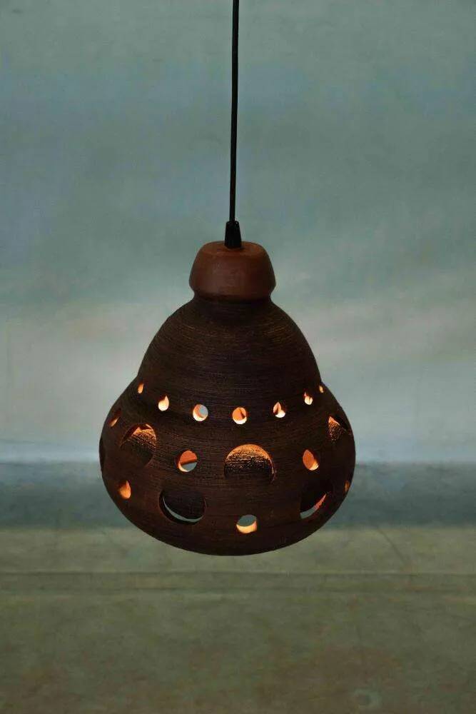 Suspended Japandi lamp in ceramic from the 60s/70s, vintage boho lamp.