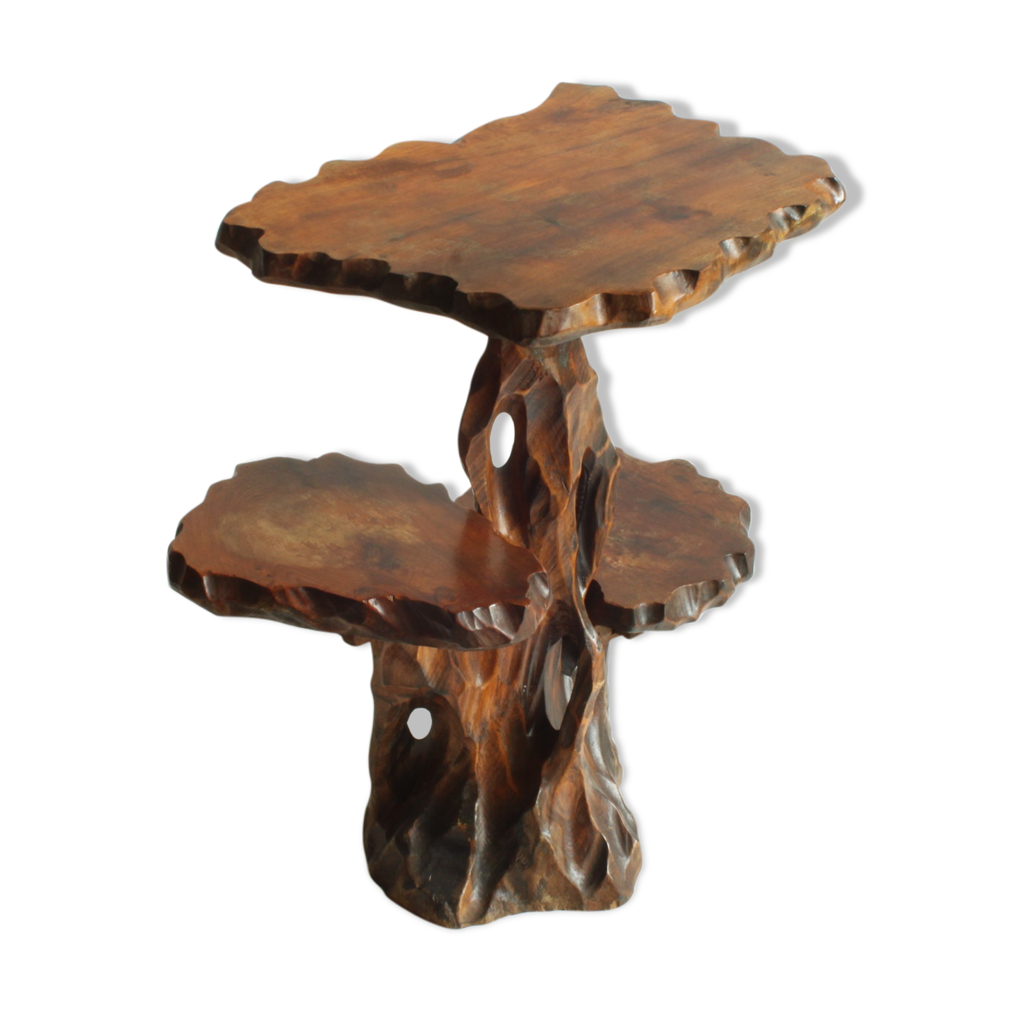 Wooden tree trunk organic carved plant stand side table, 1950s.