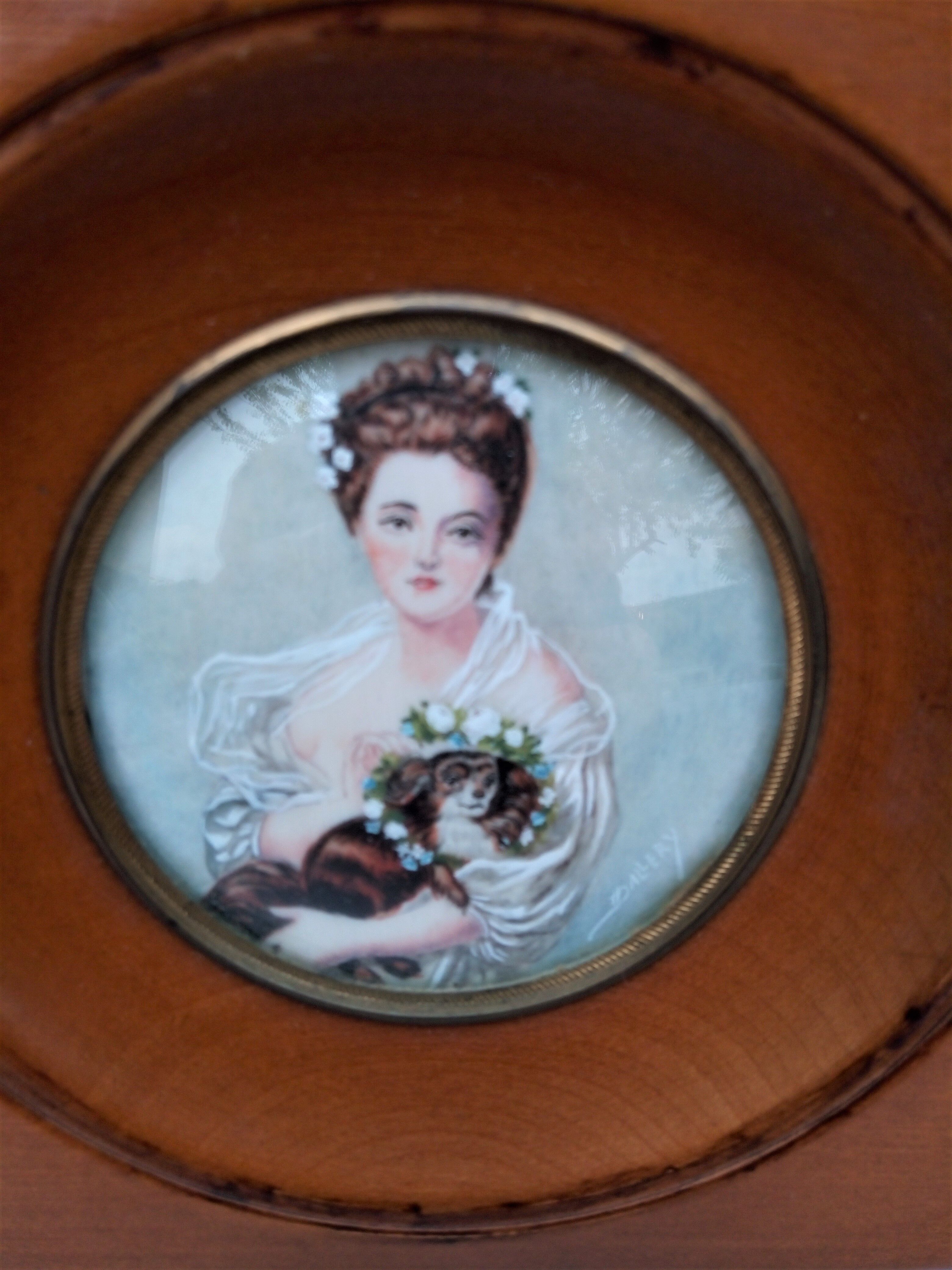 miniature painting. Young girl with dog. Signed Dallery.