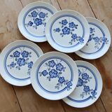 6 vintage Gien faience dessert plates, Nancay model, hand-painted blue floral pattern