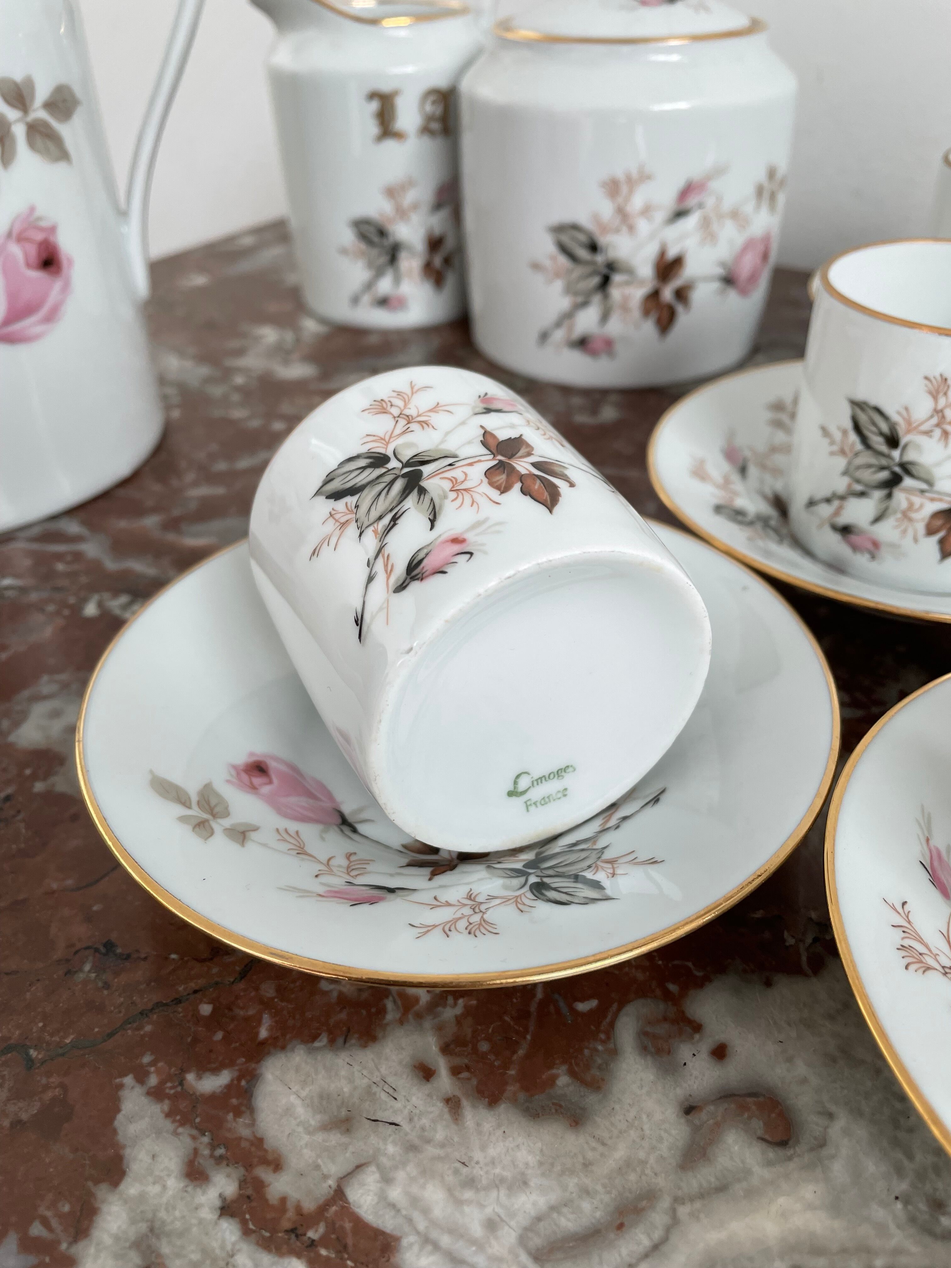 Vintage, coffee service, tea, Limoges, Flowers, cipher, 11 cups and under cups, teapot, 27 pieces