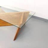 Vintage rectangular coffee table in solid elm and glass from the 80s