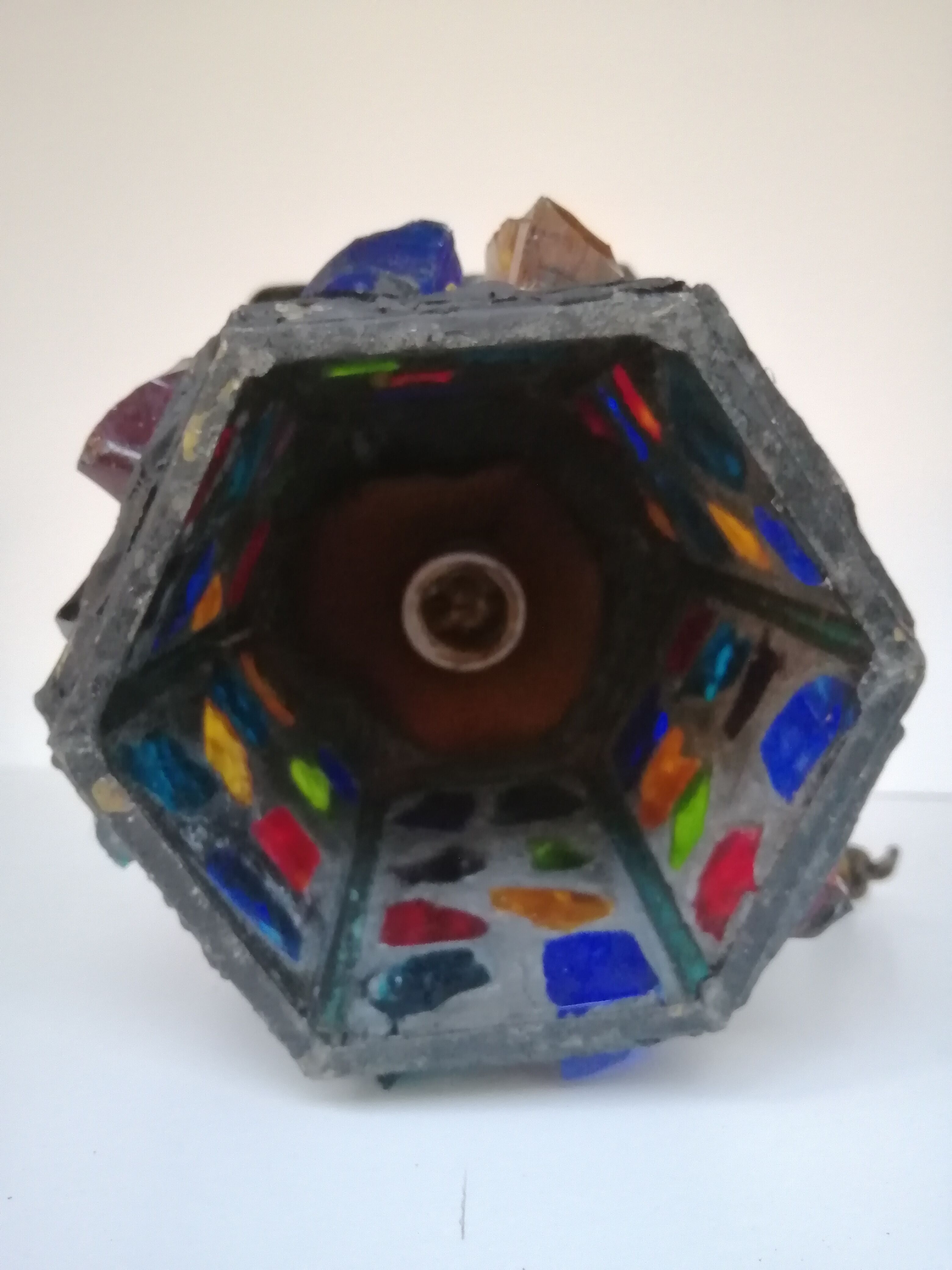 Peter Marsh porch lantern, colored glass, lead and Hammered Sheet metal, 1950s Arts & Crafts