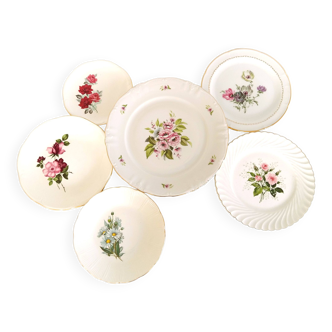 Six Mismatched 1950s Floral Transferware Plates. Shabby Chic Roses. Vintage China