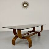Vintage Fubo coffee table, 1970s design, made of bent wood and smoked glass