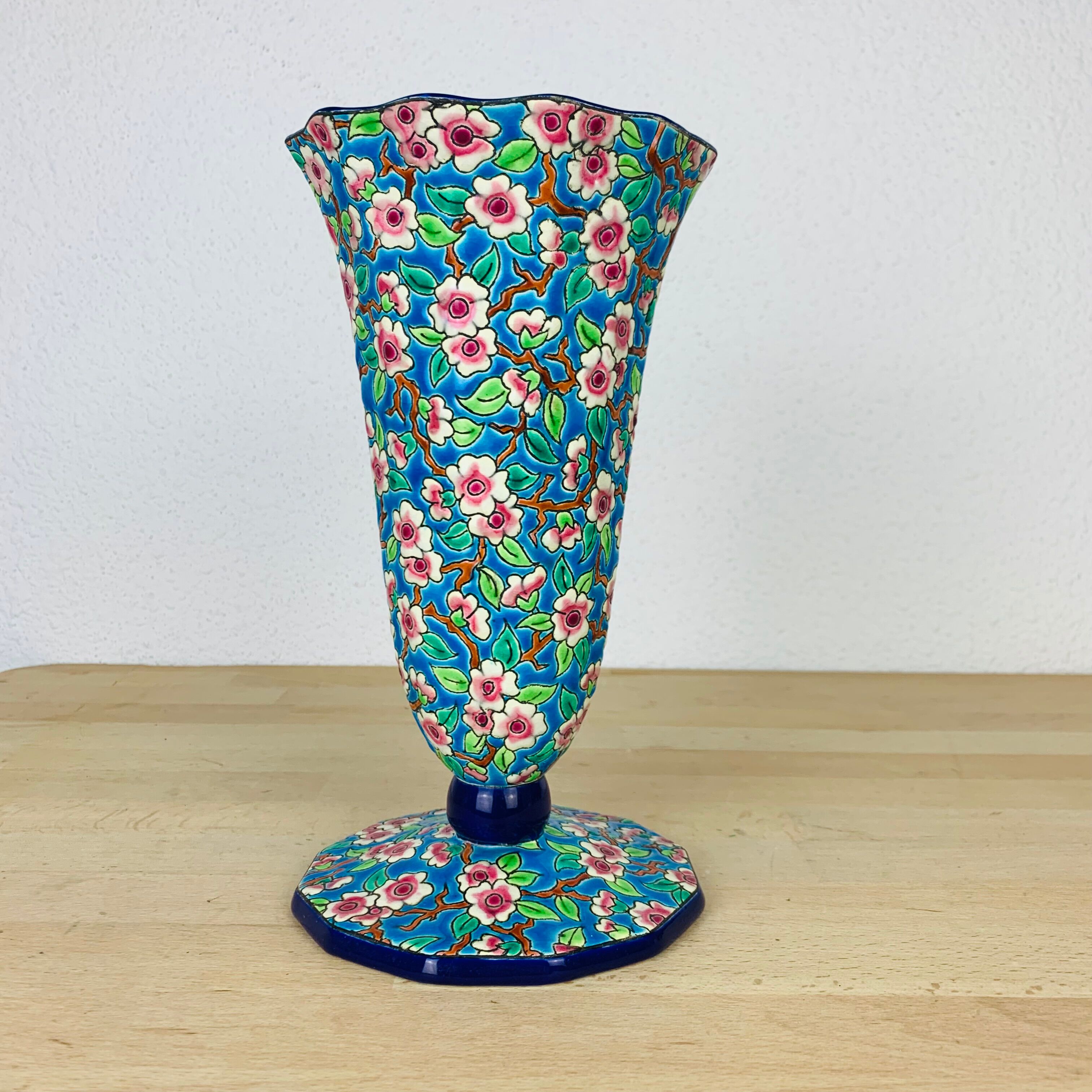 Faience enamel Longwy enamel cornet vase