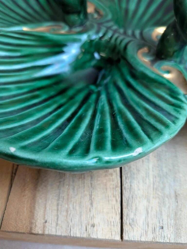 Vintage ceramic server in green with shell design, Vallauris style.