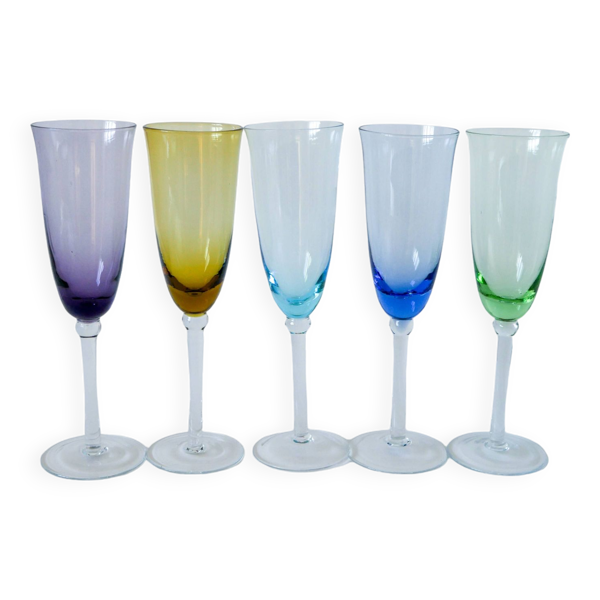 Ensemble de 5 flûtes en verre coloré multicolores 1970