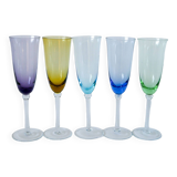 Set of 5 multicolored colored glass flutes 1970