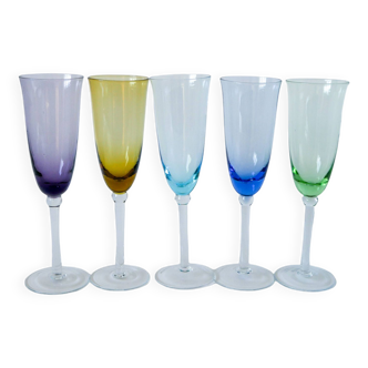 Set of 5 multicolored colored glass flutes 1970