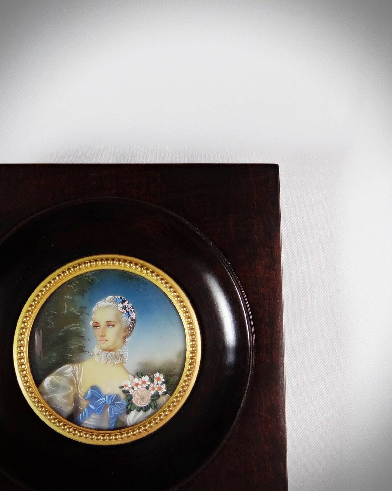 Miniature portrait of Madame Bergeret by Bouchet, hand-painted gouache, 19th century