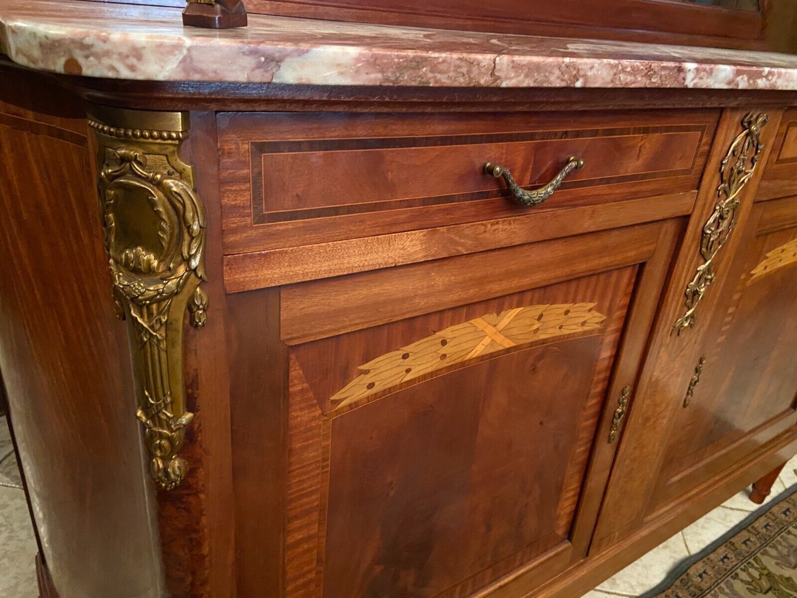 Sideboard two body mirror top marble decoration inlaid bronze Louis XVI