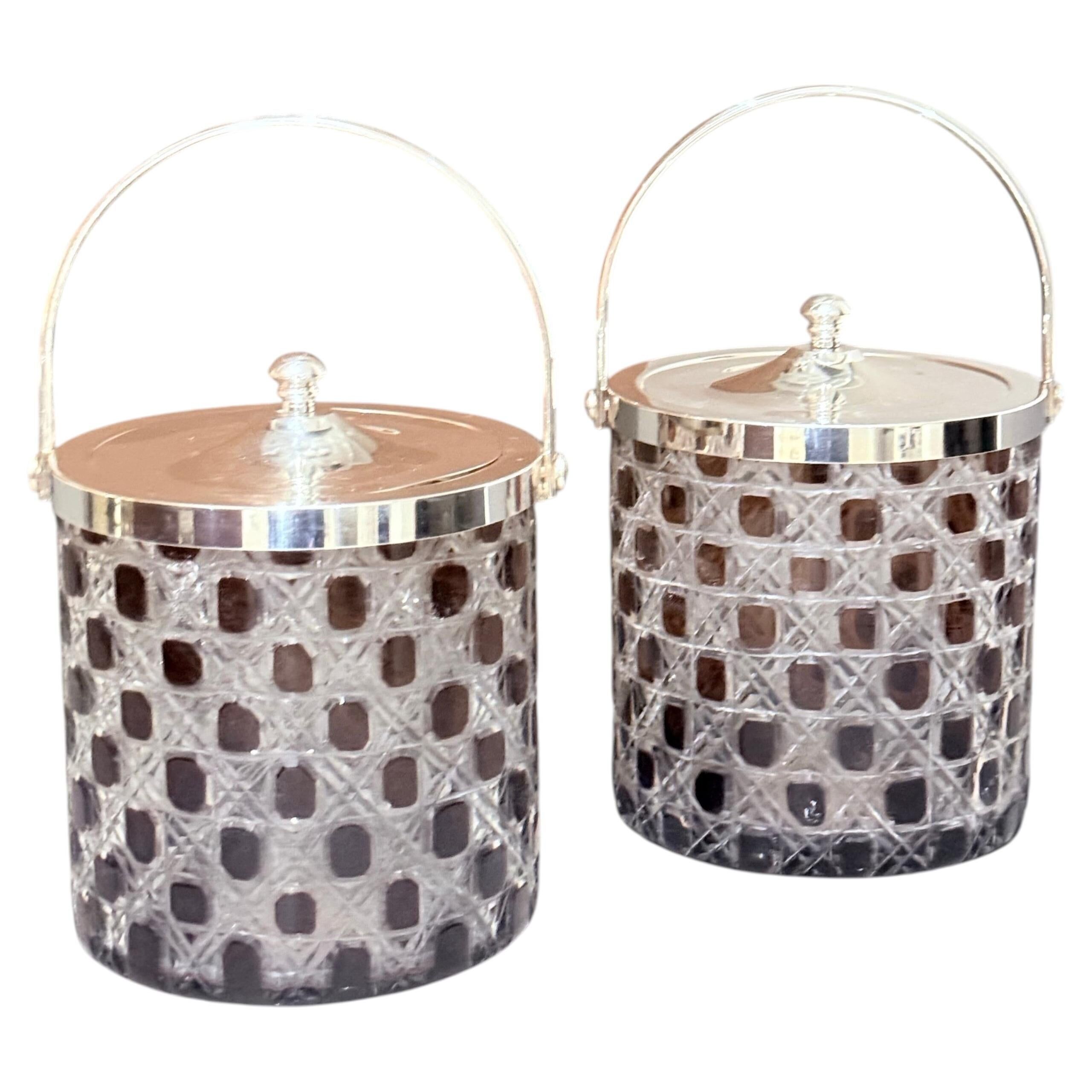 Pair of Vintage Cut Crystal Biscuit Boxes / Ice Buckets with Silver-Plated Lids