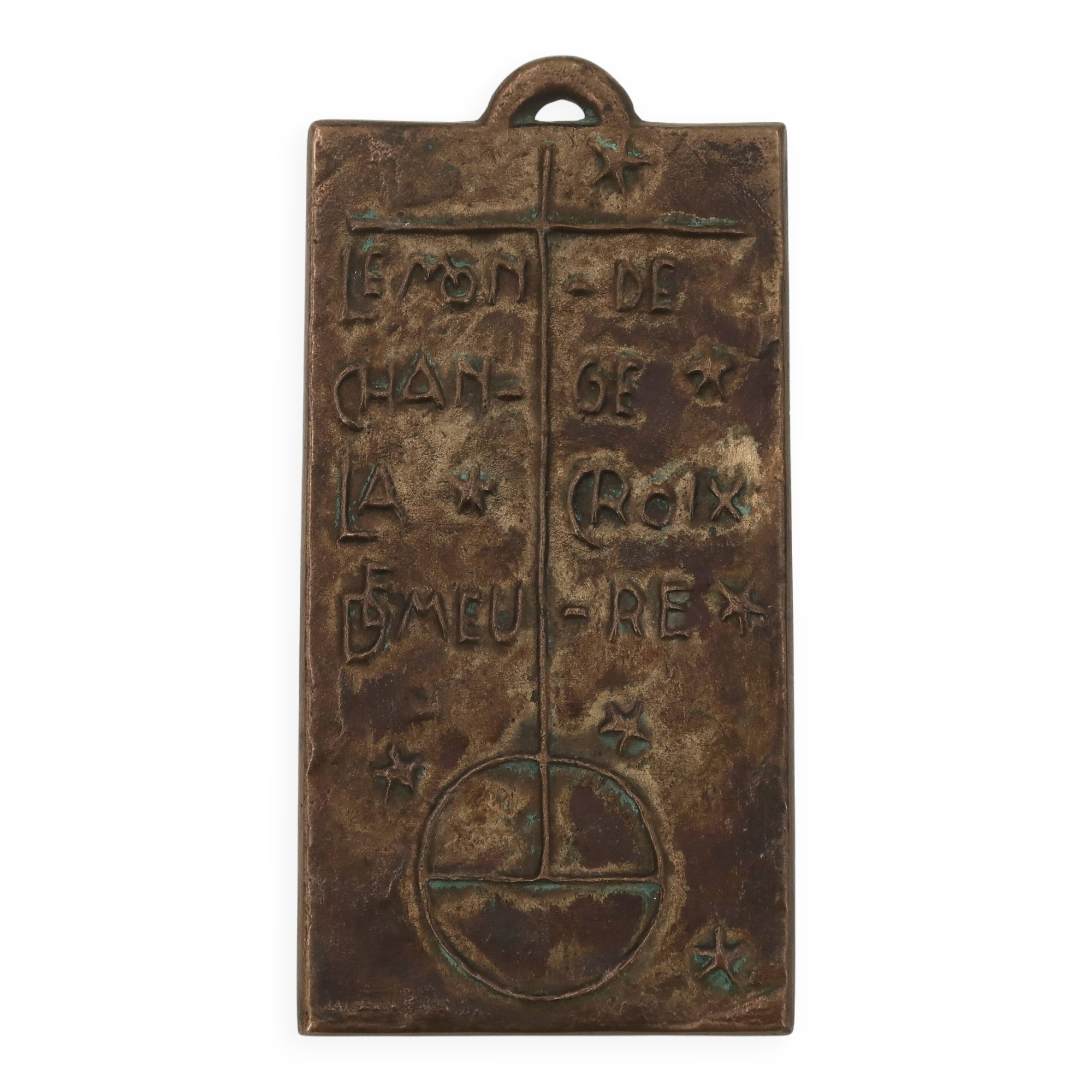 Modernist bronze wall religious plaque with saying, 1950s.