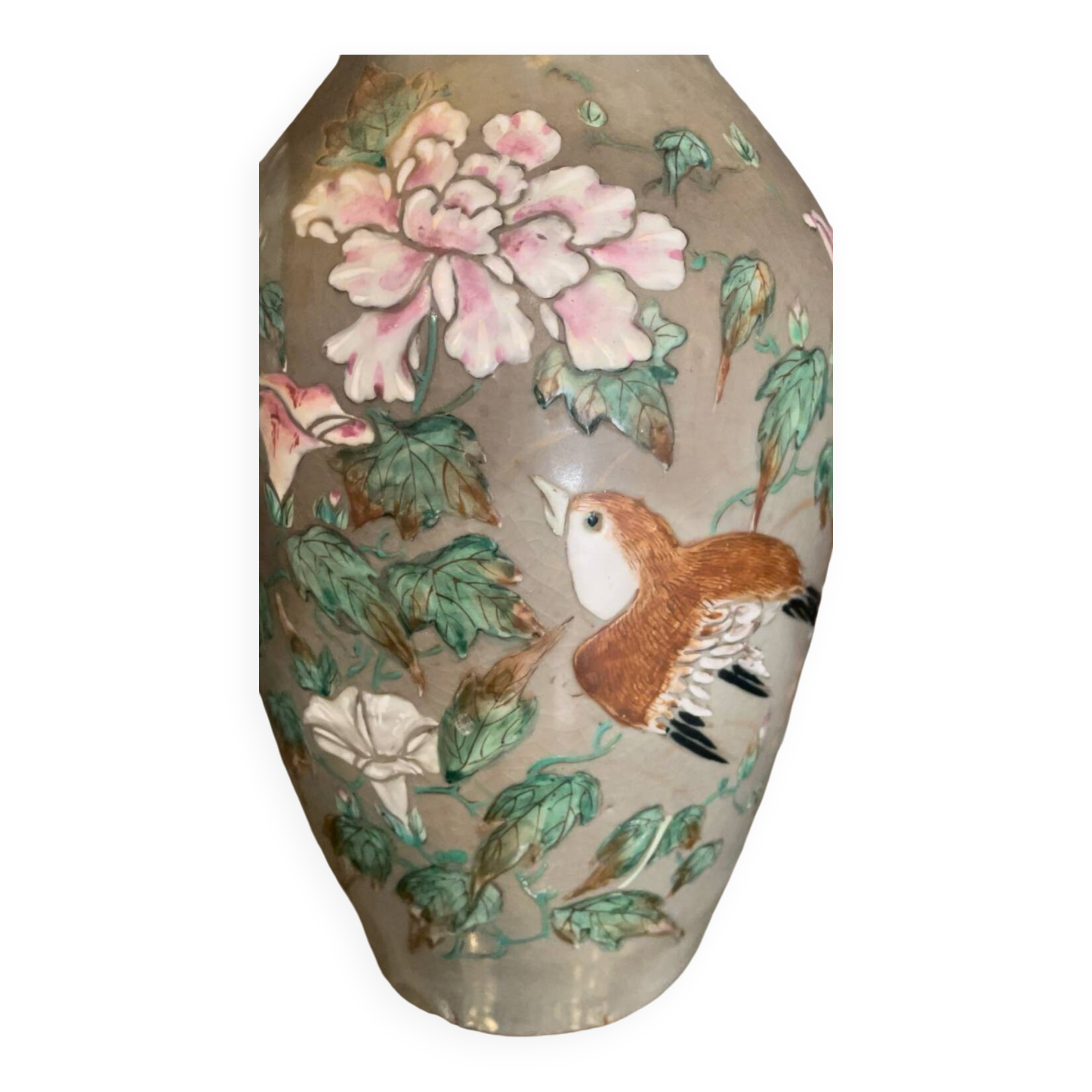 Antique Japanese vase in ceramic with floral and bird decoration, 19th century.